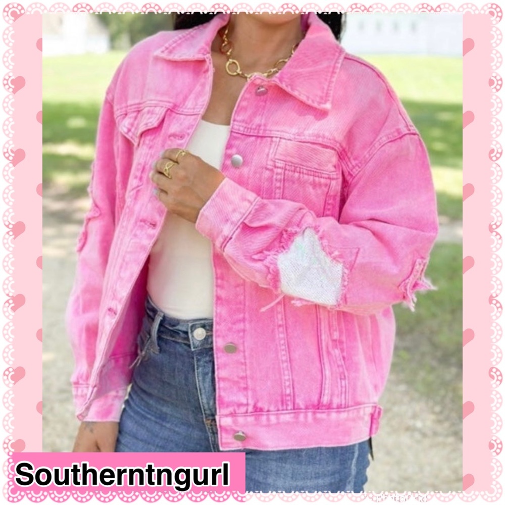 NWT SAVANNAH JANE Pink Mineral Washed  Oversized  Stars & Sequins Denim Jacket